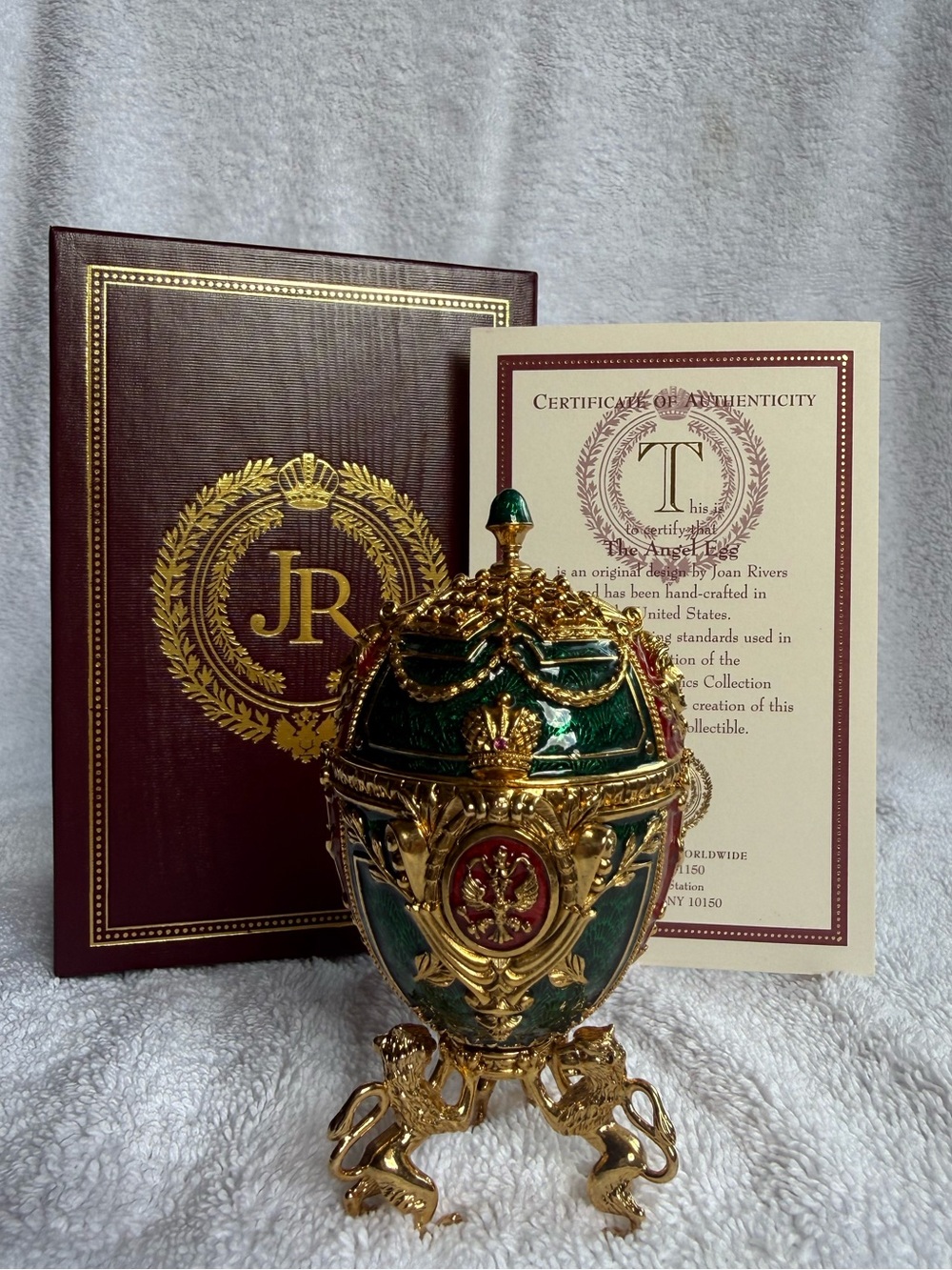 Joan Rivers Egg Necklace & Charm The Angel Egg with Stand & Box Unopened Vintage